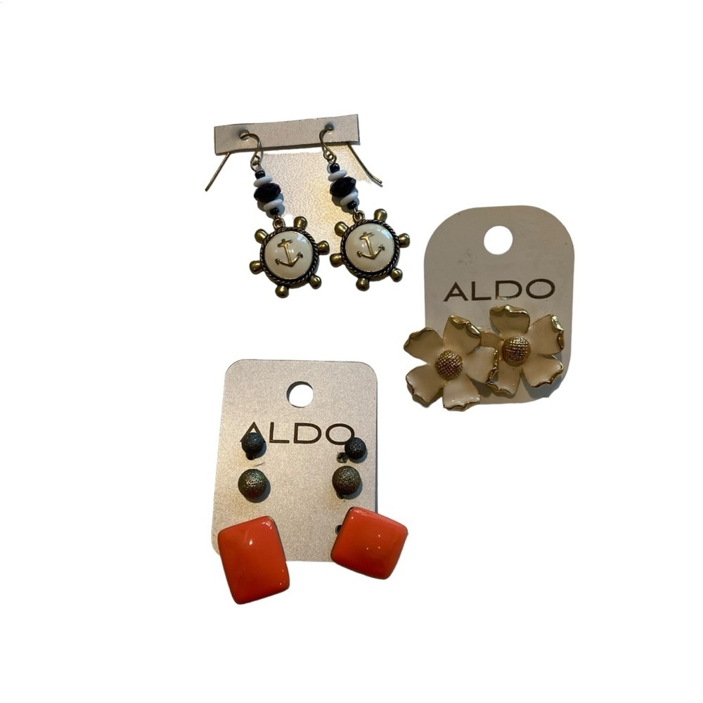 Aldo earrings set bundle button nautical anchor, ecru white flowers and orange